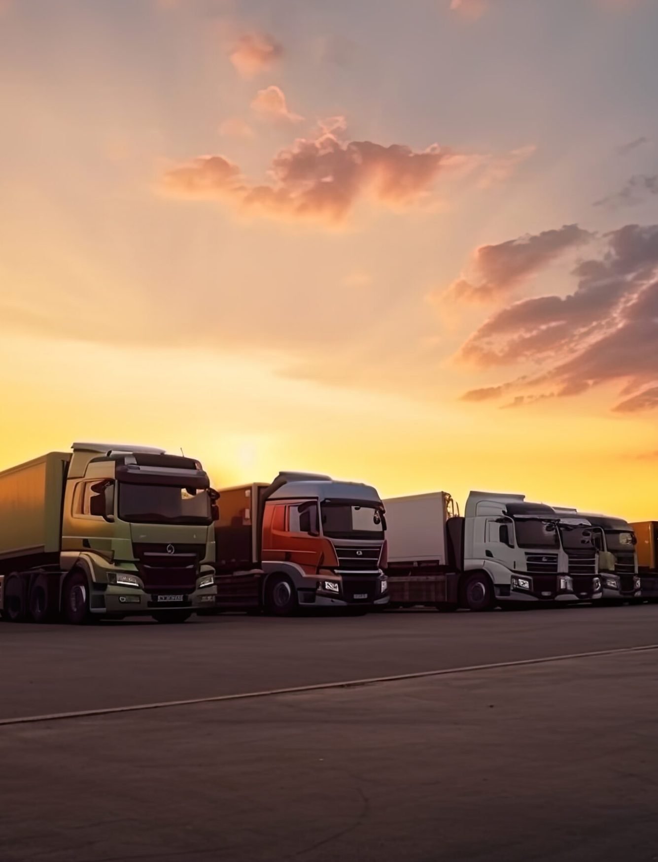 many transport trucks parked at a service station at sunset.